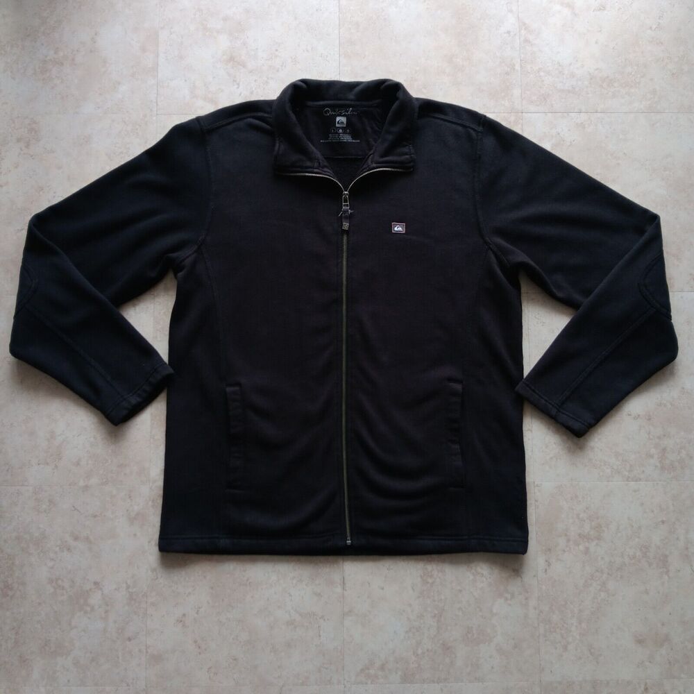 QUICKSILVER Men's Size Large Black Full Zip Sweater with Pockets & Elbow Patch